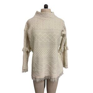 Vernacular S/M Cream Knit Sweater With Fringe Hem Fringed Sleeves Boho Style